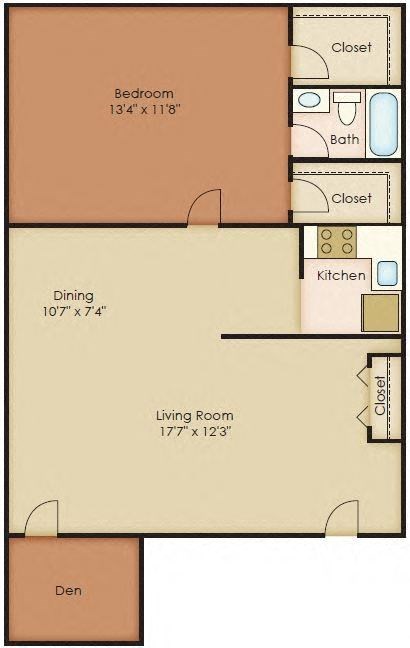 Floor plan for 1 bed, 1 bath, 685 sqft